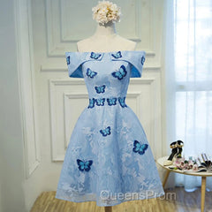 Light Blue Lace With Butterflies Short Homecoming Dress, Blue Evening Prom Dress