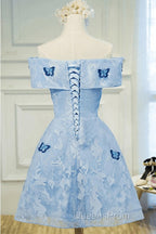 Light Blue Lace With Butterflies Short Homecoming Dress, Blue Evening Prom Dress