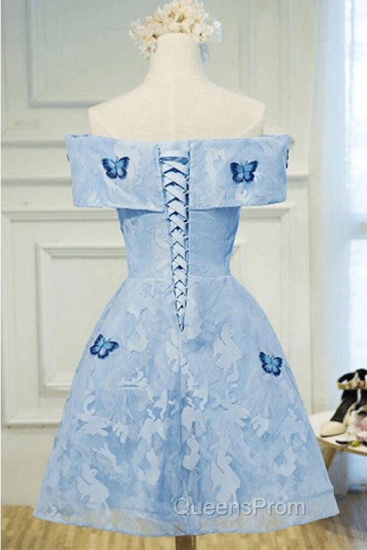 Light Blue Lace With Butterflies Short Homecoming Dress, Blue Evening Prom Dress