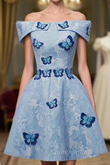 Light Blue Lace With Butterflies Short Homecoming Dress, Blue Evening Prom Dress