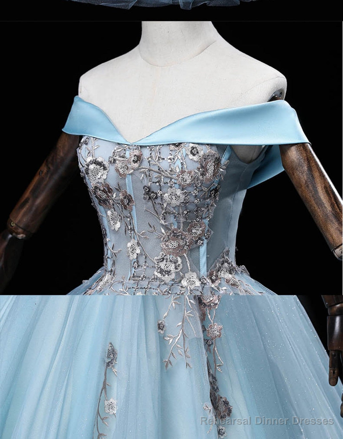 Light Blue Off Shoulder Flowers Tulle Long Party Dress, Light Blue Sweet 16 Dress Secondary image