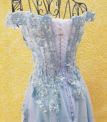 Light Blue Off Shoulder Long Party Dress with Flowers, Tulle Blue Evening Dress Prom Dress