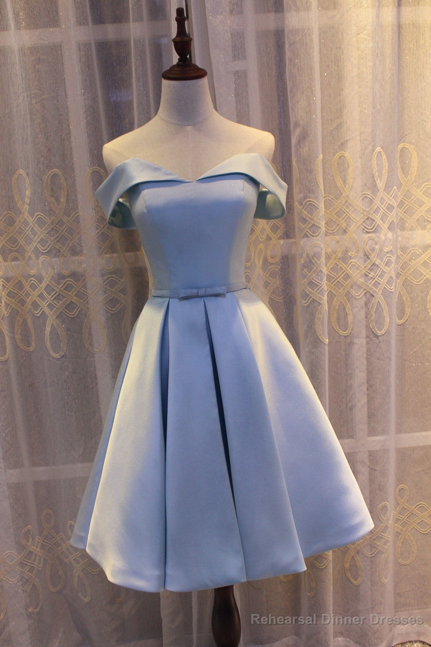 Light Blue Off Shoulder Satin Bridesmaid Dress, Blue Short Formal Dress Main image