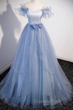 Light Blue Off Shoulder Tulle Sweetheart Formal Dress, Light Blue A-Line Evening Prom Dress