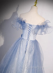Light Blue Off Shoulder Tulle Sweetheart Formal Dress, Light Blue A-Line Evening Prom Dress