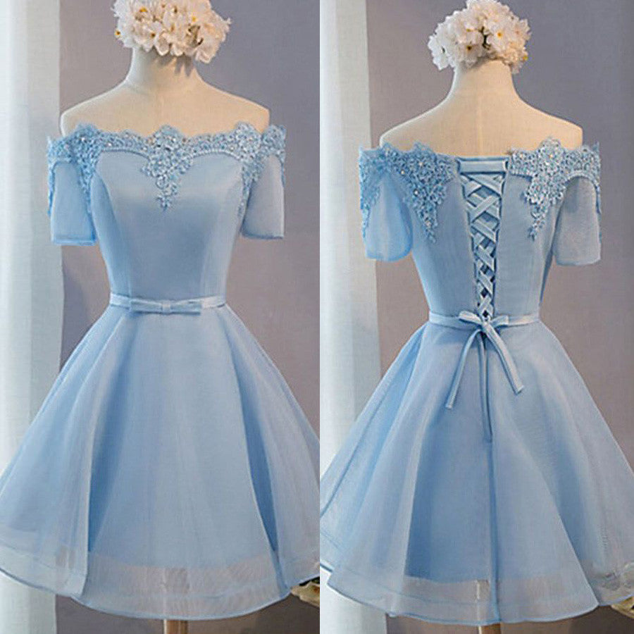 Light Blue off shoulder with short sleeve lace lovely homecoming Classy Prom Dress