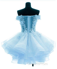 Light Blue Organza With Flower And Lace Short Party Dress, Blue Homecoming Dress