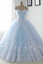 Light Blue Princess Ball Gown Sweet 16 Gown, Tulle Formal Dress With Lace Applique