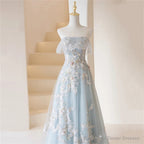Light Blue Prom Dresses Fairy,Long Blue Tulle Floral Appliques Formal Dresses