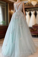 Light Blue Evening Prom Dress One Shoulder Sequin Lace