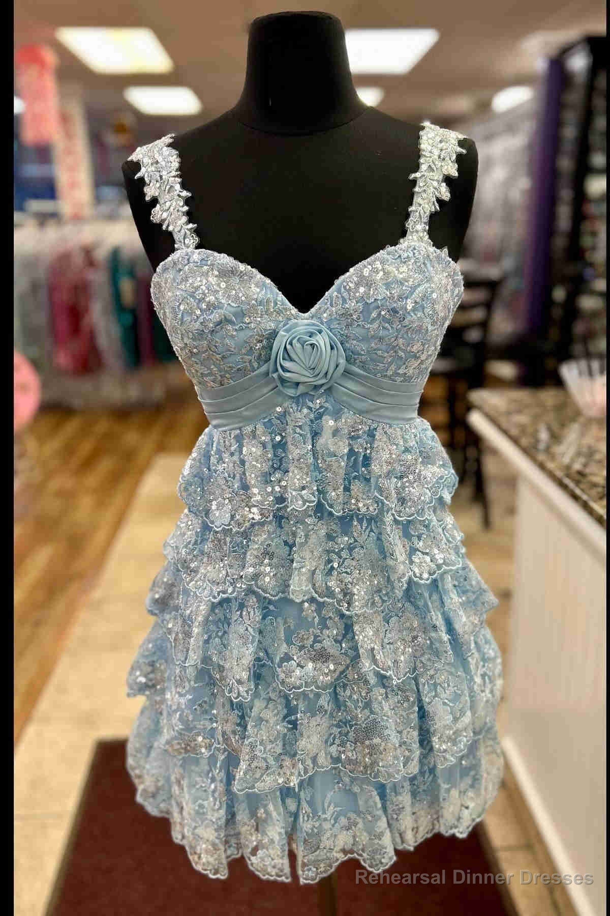 Light Blue Rosette Sequin Baby Doll Short Party Dress Main image