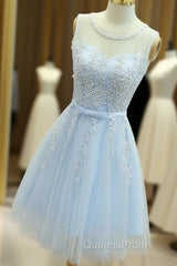 Light Blue Round Neckline Short Pretty Homecoming Dress, Light Blue Wedding Party Dress