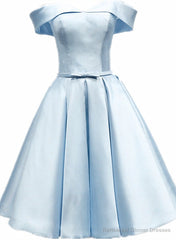 Light Blue Satin Off Shoulder Knee Length Homeoming Dress, Blue Short Prom Dress