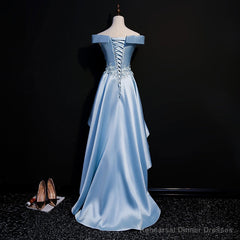 Light Blue Satin with Lace Applique High Low Homecoming Dress, Blue Short Off Shoulder Formal Dress