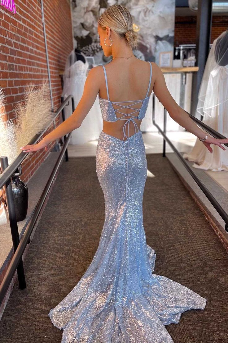 Light Blue Sequin Twist-Front Lace-Up Mermaid Long Classy Prom Gown Secondary image