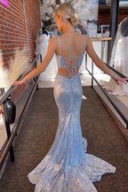 Light Blue Sequin Twist-Front Lace-Up Mermaid Long Classy Prom Gown