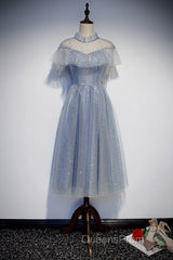 Light Blue Shiny Tulle High Neckline Homecoming Dress Party Dress, Blue Short Evening Prom Dress