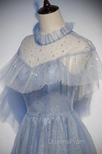 Light Blue Shiny Tulle High Neckline Homecoming Dress Party Dress, Blue Short Evening Prom Dress