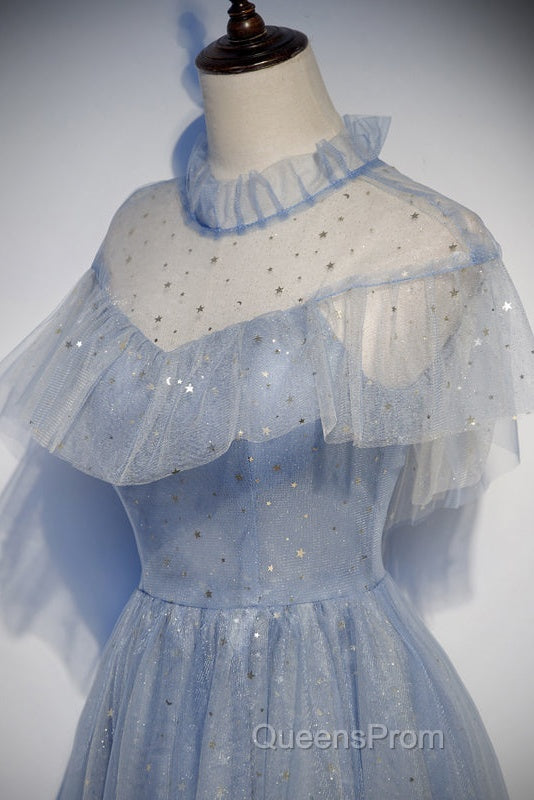 Light Blue Shiny Tulle High Neckline Homecoming Dress Party Dress, Blue Short Evening Prom Dress
