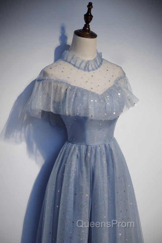 Light Blue Shiny Tulle High Neckline Homecoming Dress Party Dress, Blue Short Evening Prom Dress