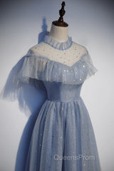 Light Blue Shiny Tulle High Neckline Homecoming Dress Party Dress, Blue Short Evening Prom Dress