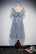 Light Blue Shiny Tulle High Neckline Homecoming Dress Party Dress, Blue Short Evening Prom Dress