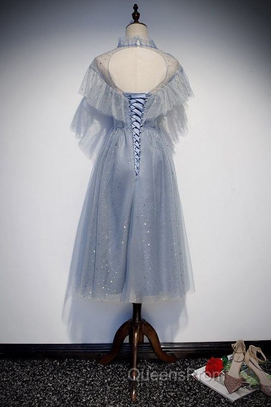 Light Blue Shiny Tulle High Neckline Homecoming Dress Party Dress, Blue Short Evening Prom Dress