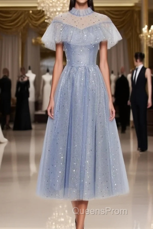 Light Blue Shiny Tulle High Neckline Homecoming Dress Party Dress, Blue Short Evening Prom Dress Main image