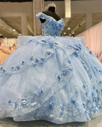 Light Blue Sparkly Off The Shoulder Appliques Classy Prom Dress Quinceanera Dress Sweet 16 Classy Prom Dress Ball Gown