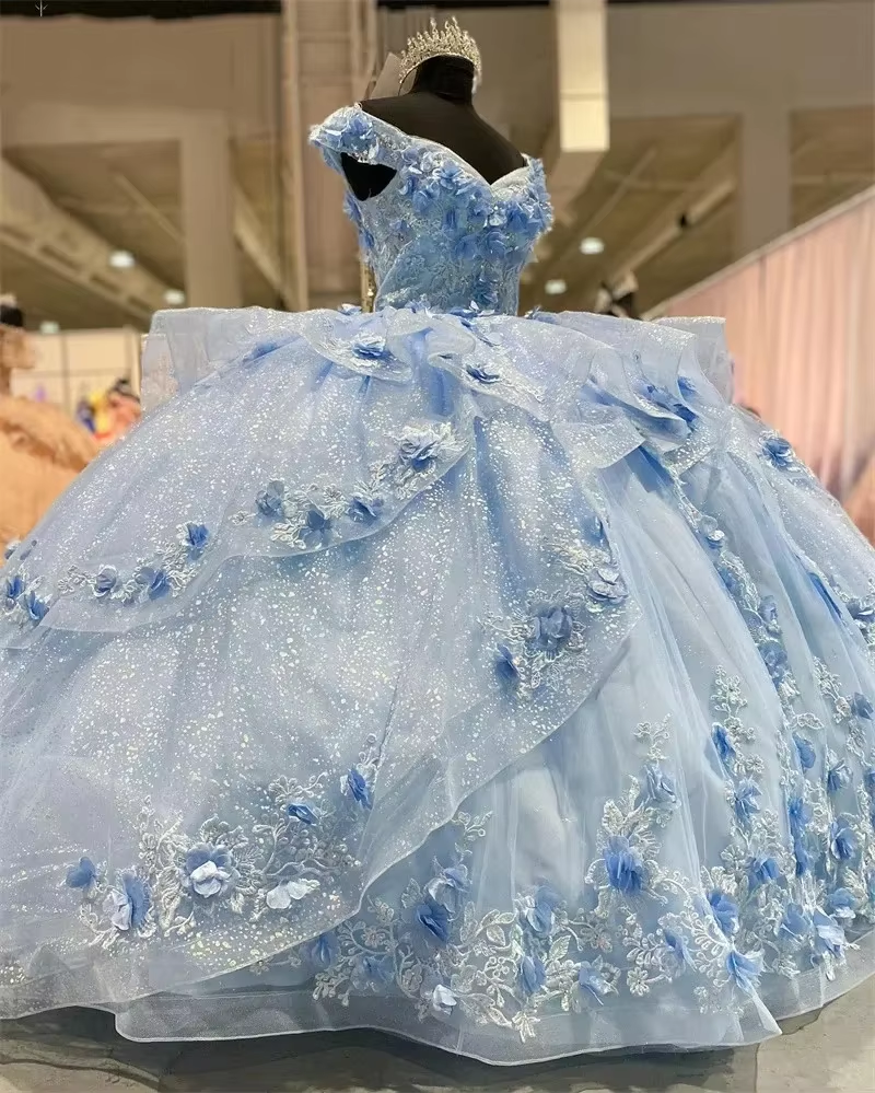 Light Blue Sparkly Off The Shoulder Appliques Classy Prom Dress Quinceanera Dress Sweet 16 Classy Prom Dress Ball Gown