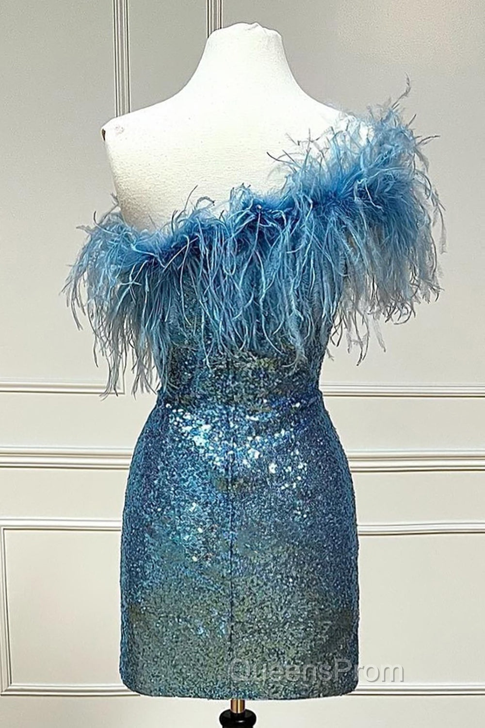 Light Blue Sparkly Tight Sequins Homecoming Dress with Feathers Secondary image