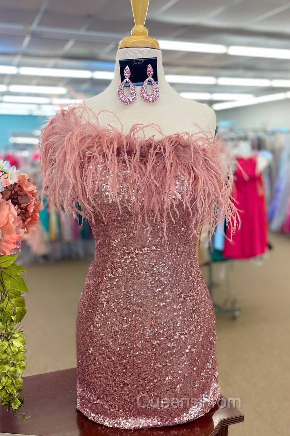 Light Blue Sparkly Tight Sequins Homecoming Dress with Feathers
