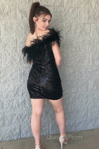Light Blue Sparkly Tight Sequins Homecoming Dress with Feathers