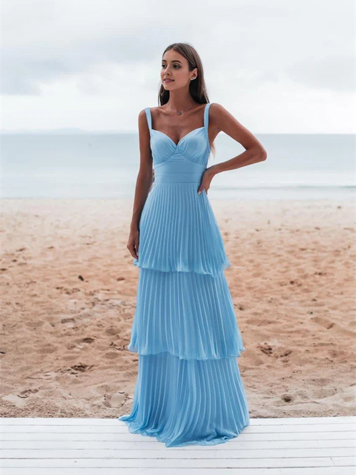 Light Blue Straps Chiffon Sweetheart Low Back Pary Dress, Light Blue Long Classy Prom Dress Main image