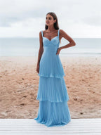 Light Blue Straps Chiffon Sweetheart Low Back Pary Dress, Light Blue Long Classy Prom Dress