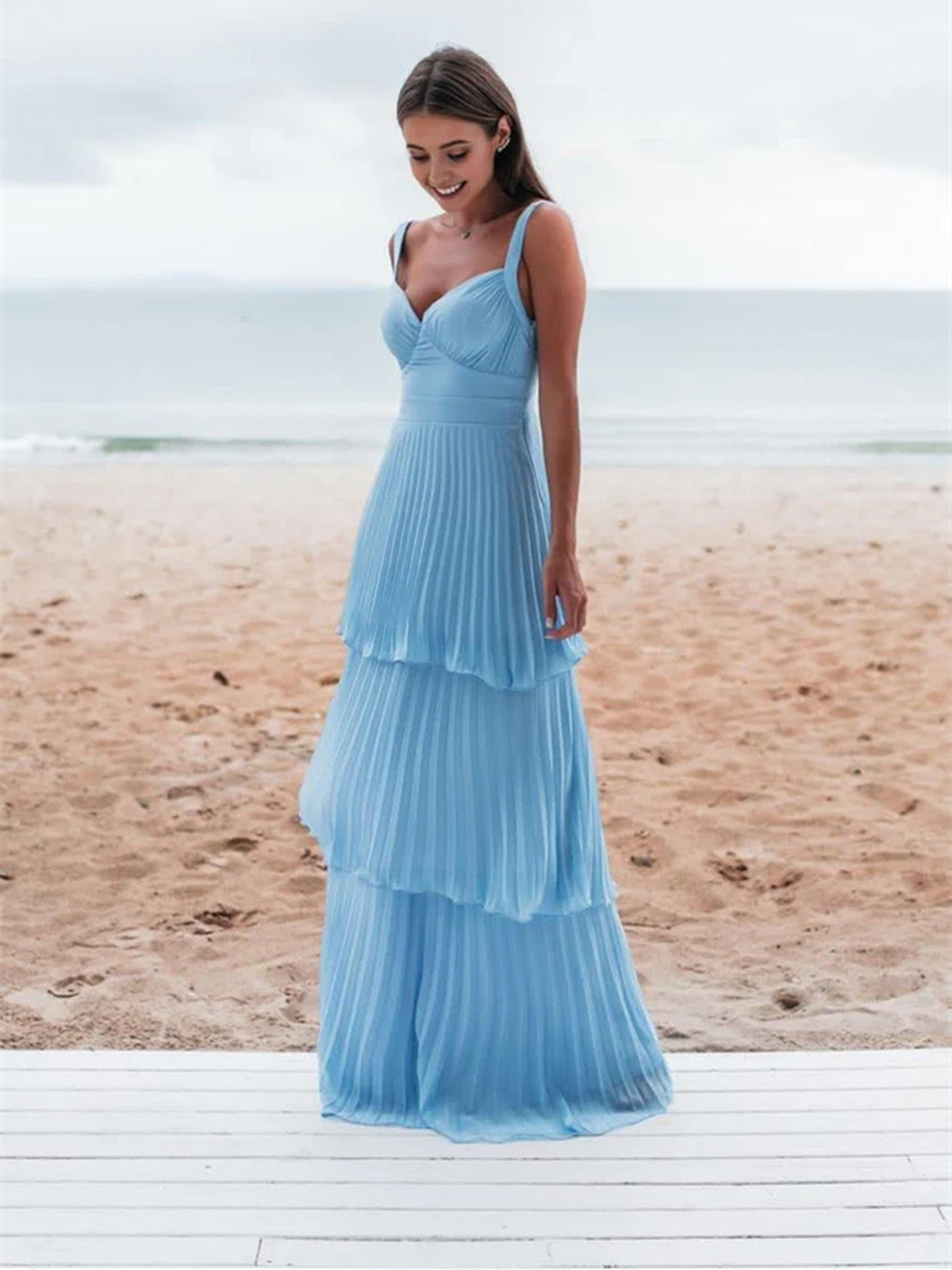 Light Blue Straps Chiffon Sweetheart Low Back Pary Dress, Light Blue Long Classy Prom Dress Secondary image