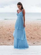 Light Blue Straps Chiffon Sweetheart Low Back Pary Dress, Light Blue Long Classy Prom Dress