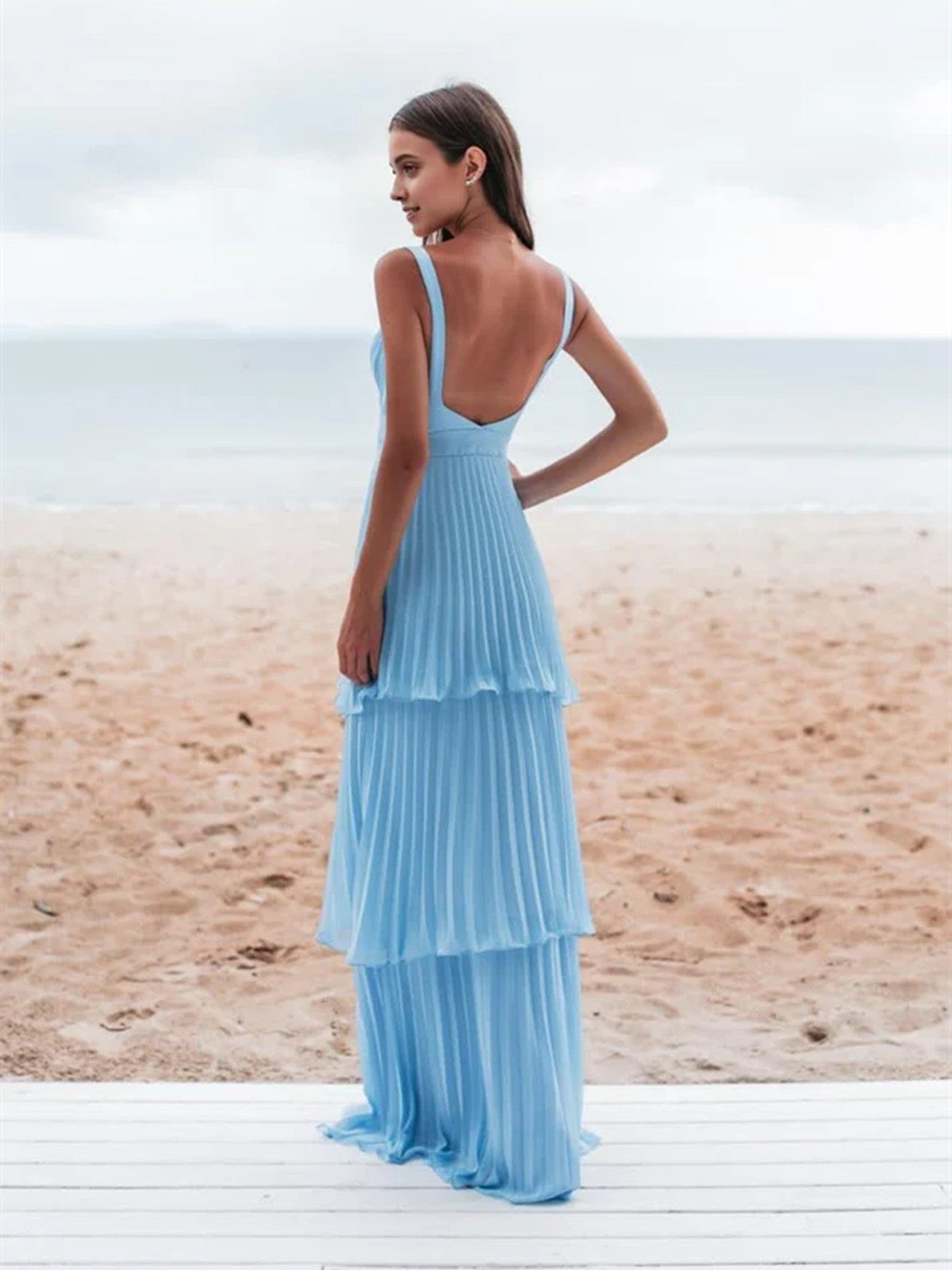 Light Blue Straps Chiffon Sweetheart Low Back Pary Dress, Light Blue Long Classy Prom Dress