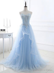 Light Blue Sweetheart Evening dress, Long Tulle Prom Dress