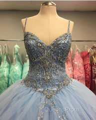 Light Blue Tulle Ball Gowns Quinceanera Dress With Beaded