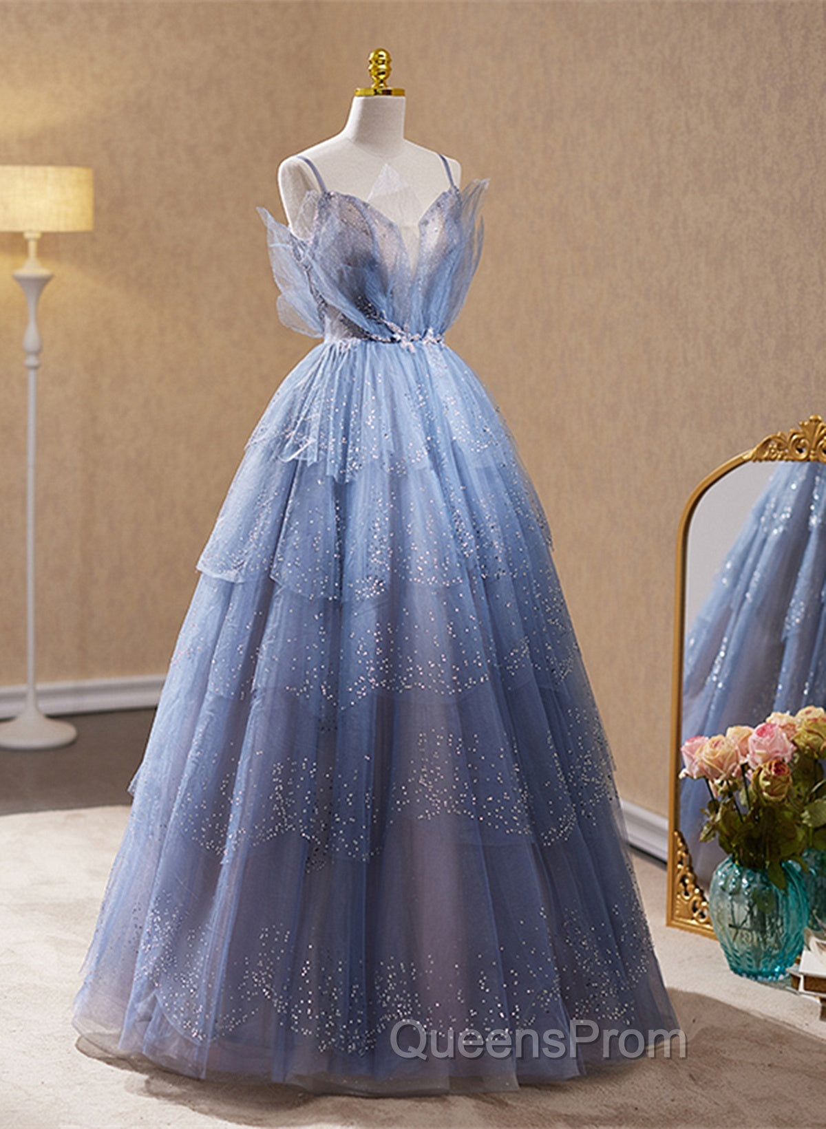 Light Blue Tulle Beaded Long Formal Dress, Light Blue Shiny Tulle Evening Dress Evening Prom Dress Secondary image