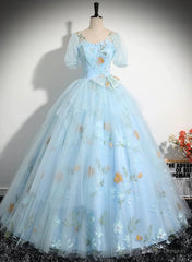 Light Blue Tulle Floor Length Prom Dress, Beautiful Short Sleeves Sweet 16 Dress