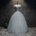 Light Blue Tulle Long Party Dress Formal Dress, Blue Tulle Formal Dress with Flowers