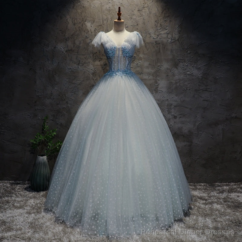 Light Blue Tulle Long Party Dress Formal Dress, Blue Tulle Formal Dress with Flowers