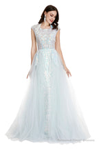 Light Blue Tulle Sequins Appliques Cap Sleeve Prom Dresses