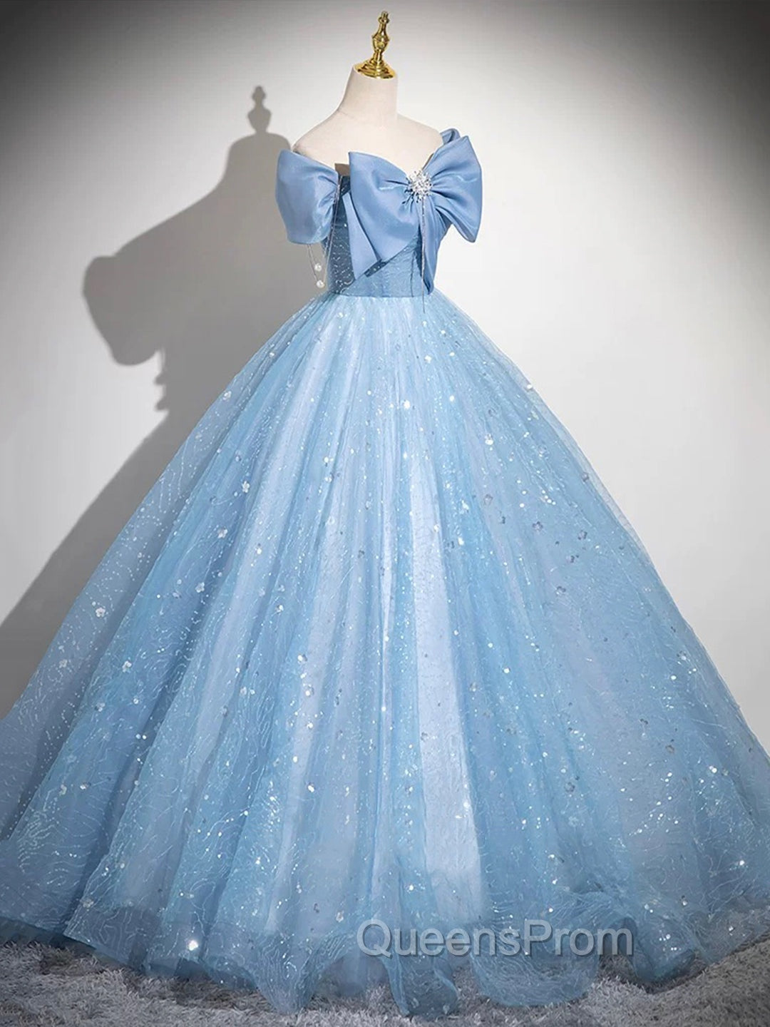 Light Blue Tulle Sequins Long Evening Prom Dress, A-Line Off Shoulder Evening Dress Secondary image