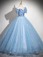 Light Blue Tulle Sequins Long Evening Prom Dress, A-Line Off Shoulder Evening Dress