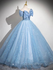 Light Blue Tulle Sequins Long Evening Prom Dress, A-Line Off Shoulder Evening Dress