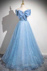 Light Blue Tulle Sequins Long Evening Prom Dress, A-Line Off Shoulder Evening Dress