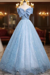 Light Blue Tulle Sequins Long Evening Prom Dress, A-Line Off Shoulder Evening Dress